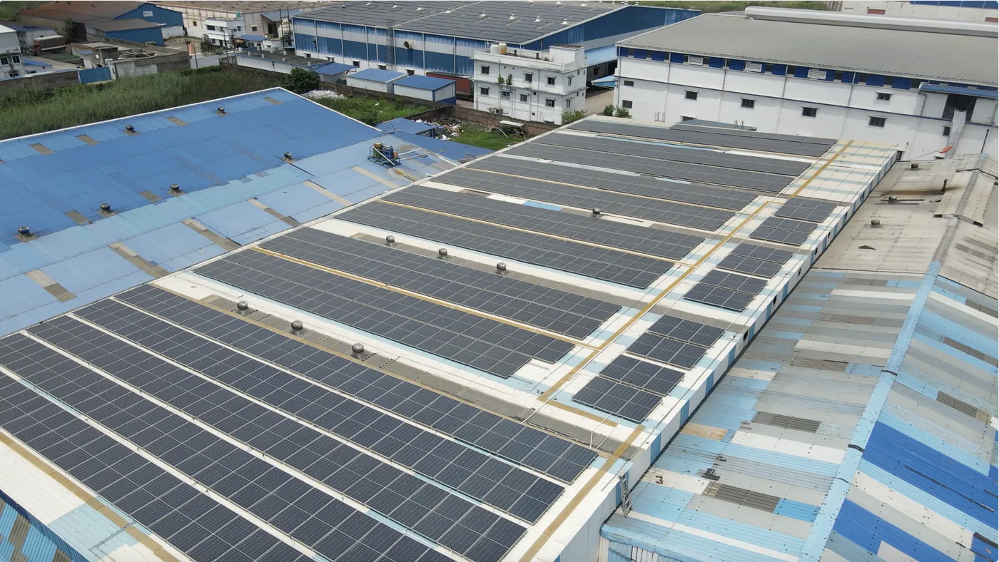 Rooftop solar panels across the works
