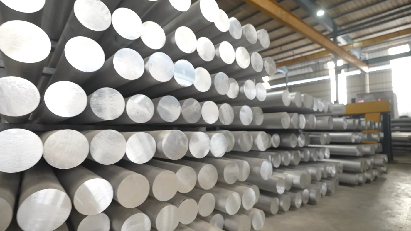 Cast aluminium billet logs stacked before extrusion