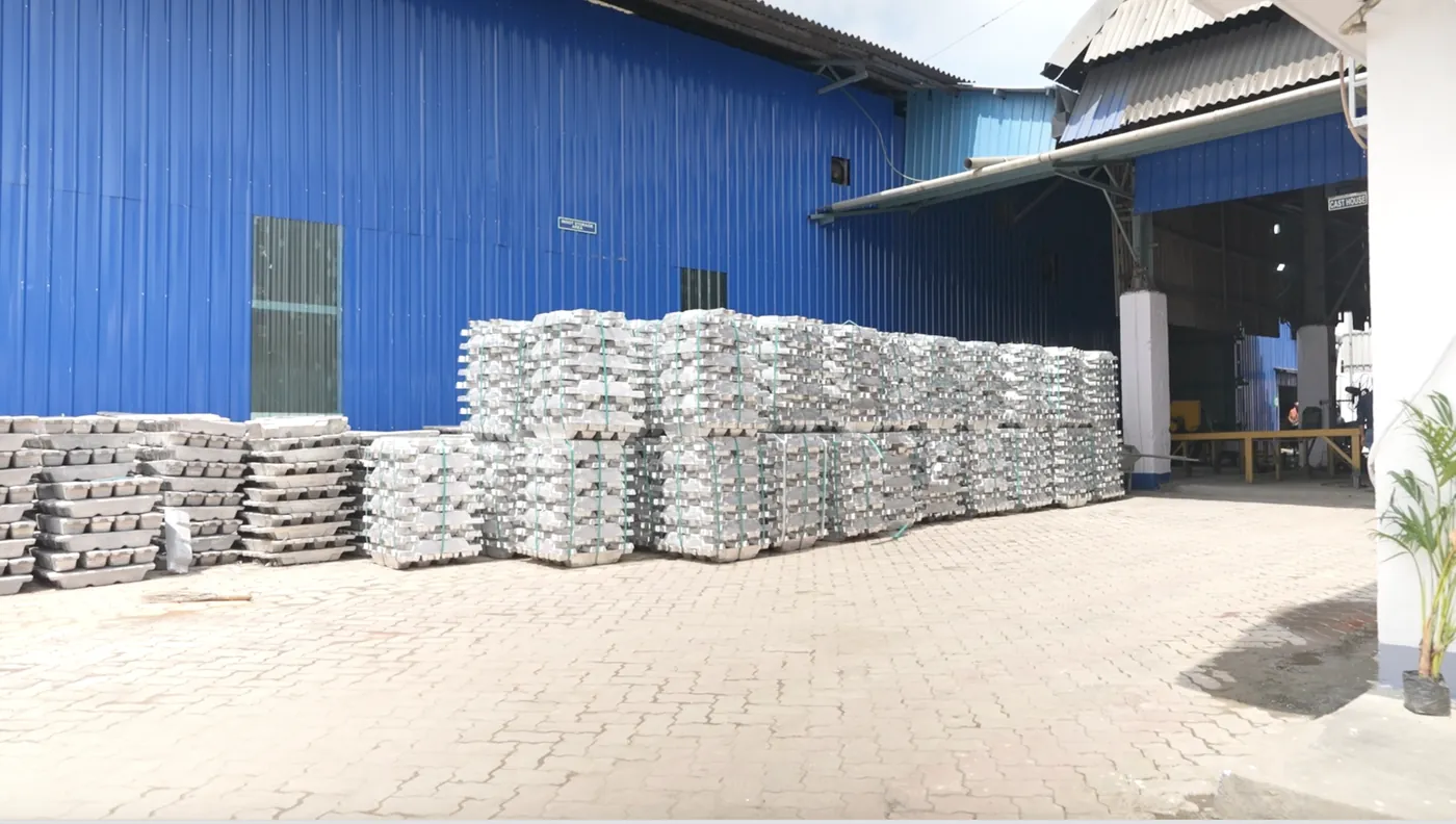 Primary aluminium ingots stacked in the raw material yard
